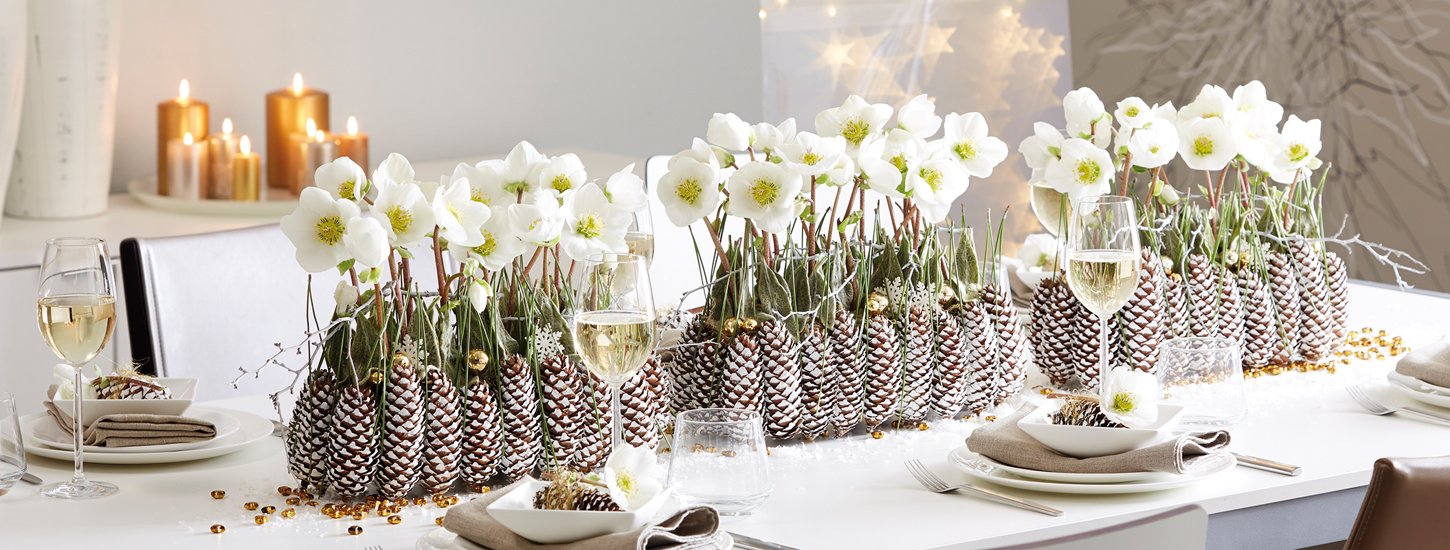 Festive table decoration with Christmas Rose flowers